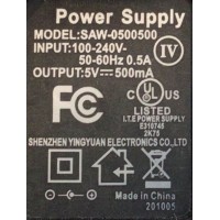 CARGADOR / ADAPTADOR DE FUENTE DE ALIMENTACION POWER SUPPLY VCA-VCD / NUMERO DE PARTE SAW-0500500 / ENTRADA VCA 100-240V~ 50-60HZ 0.5A / SALIDA VCD 5V 500MA / MODELO SAW-0500500